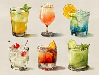 Fototapeta premium Set of refreshing mock tails drinking with watercolor art style