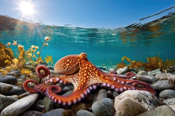 octopus crawling across a rocky seabed