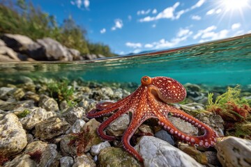 octopus crawling across a rocky seabed