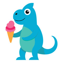 Cute blue cartoon dinosaur holding a pink ice cream cone