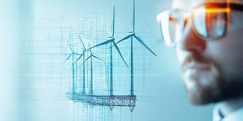 Engineer drawing construction concept. Business professional contemplating wind energy development with a futuristic design overlay.
