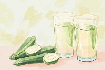 Minimalist illustration of okra infused water with fresh vegetables on table for healthy living design