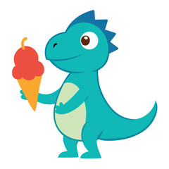 Cute cartoon blue dinosaur holding a red ice cream cone
