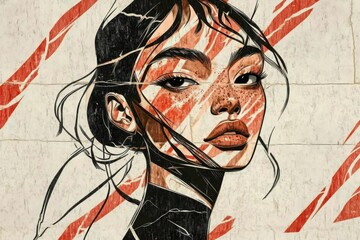 Minimalistic portrait with artistic sgraffito technique featuring freckled face