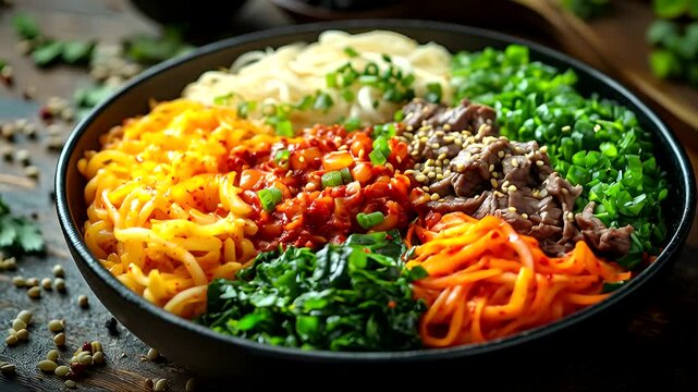 Delicious bibimbap bowl, a traditional korean dish served with rice, veggies and meat