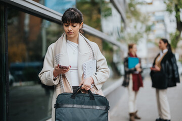 A professional woman standing outdoors, focused on her phone, holding documents and a bag, with two...