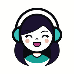 Happy cartoon girl with headphones listening to music and smiling broadly