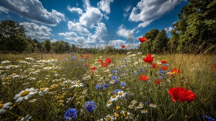 Wildflowers blooming in field with vibrant colors and skies. AI generated.