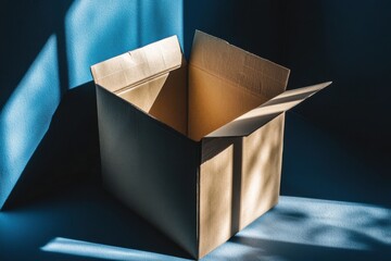 Minimalistic open cardboard box on blue surface with shadows for creative design