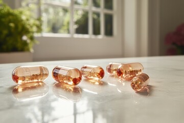 Minimalistic display of clear capsules in sunlit home environment
