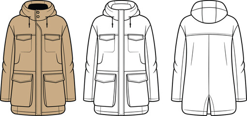 Men winter parka jacket, technical flat sketch, front and back view, fashion CAD drawing, outerwear design, vector template © Legend Monir