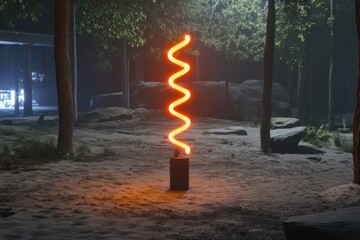 Glowing dna helix sculpture in forest setting at night