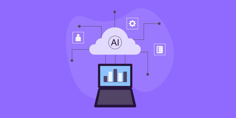 AI cloud infrastructure syncs with laptop device to deliver adaptive analytics on screen.
