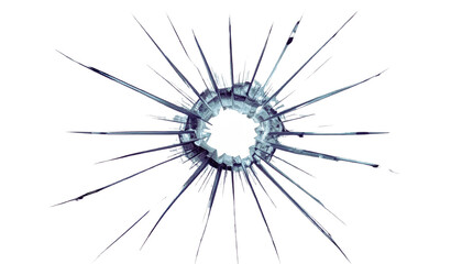 Obraz premium Broken glass texture featuring a bullet hole with radiating cracks and sharp details. Isolated on a transparent background