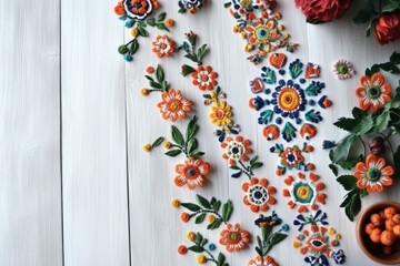 Minimalistic floral motifs on white wood background for creative design projects