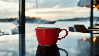 Red ceramic coffee cup on table overlooking scenic waterfront at sunset with copy space