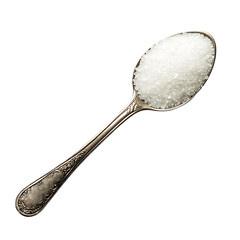 Close up of a vintage silver spoon filled with coarse white sugar crystals isolated on transparent background