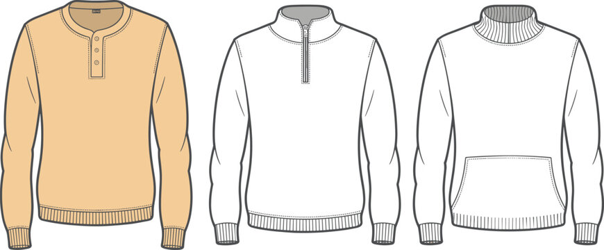 men's sweater vector template, fashion flat sketch, henley knit pullover, half zip jumper drawing, turtleneck sweatshirt design illustration