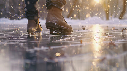 Winter on the ice rink, legs in skates close-up on the ice