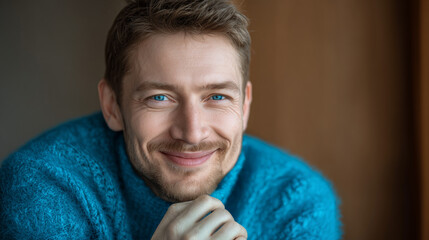 A person sits wearing a fuzzy blue sweater against a soft-focus background. The detailed texture of the sweater stands out, drawing attention to the contrast between fabric and backdrop.