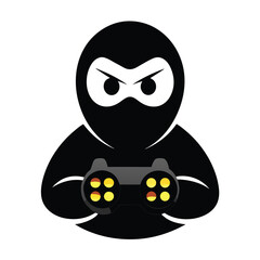 Stealthy ninja gamer holding a video game controller with glowing buttons