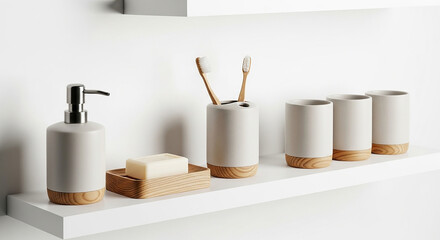 Naklejka premium Modern Bathroom Still Life Featuring a Sleek Whisk-like Soap Dispenser