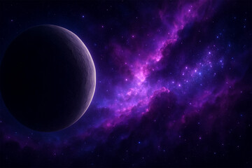 Fototapeta premium Vibrant Alien Planet Floating in Purple Nebula Space