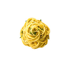 Delicious spaghetti pasta with creamy sauce and fresh parsley garnish served in a white plate isolated on transparent background