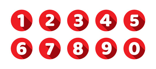 Number set of zero to nine with shadow effect. Colorful circles and numbers. Numbers symbols with long shadow. Number digit vector icon in colorful circle. Set of 1-9 numbers vector.