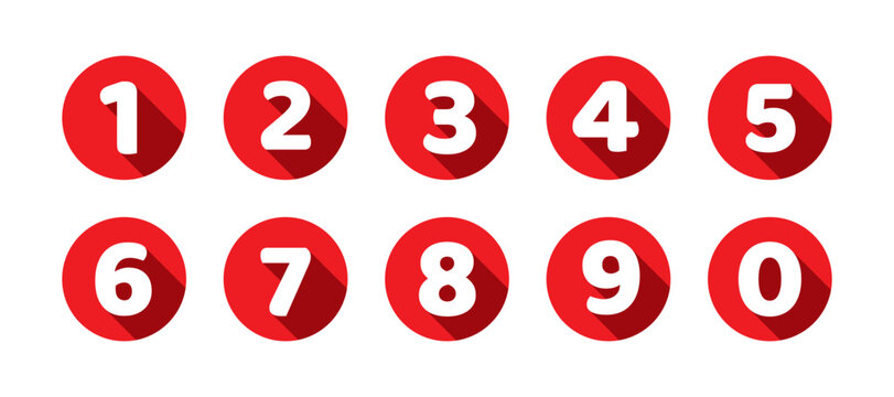Number set of zero to nine with shadow effect. Colorful circles and numbers. Numbers symbols with long shadow. Number digit vector icon in colorful circle. Set of 1-9 numbers vector.