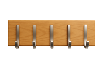 Wooden coat rack with five hooks isolated on transparent background