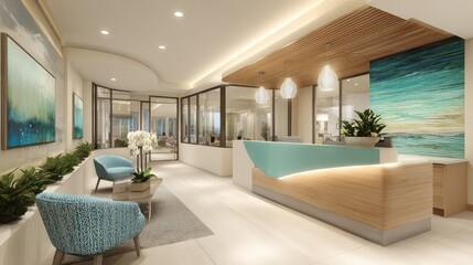 Elegant clinic entrance area with modern lighting and reception counter