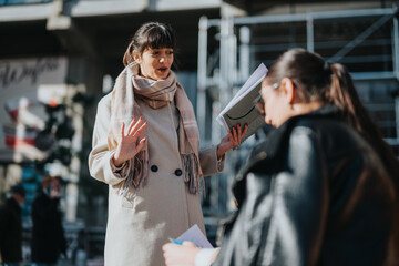 Two women engaging in a conversation in an outdoor setting during a clear day, showcasing...