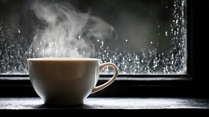 Steaming cup of coffee on a rainy windowsill