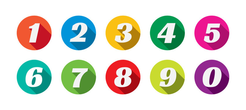 Number set of zero to nine with shadow effect. Colorful circles and numbers. Numbers symbols with long shadow. Number digit vector icon in colorful circle. Set of 1-9 numbers vector.