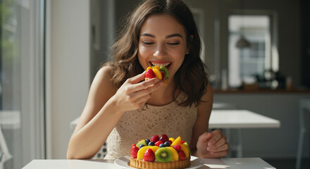 Young woman smilling while taking a bite of a fruit tart