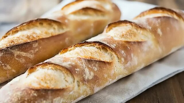 Two artisanal baguettes on a cloth