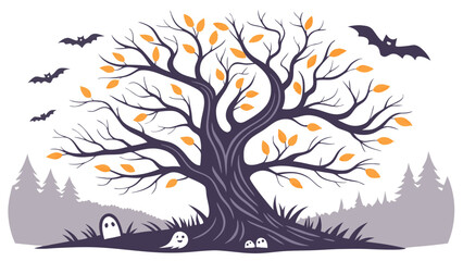 Obraz premium A spooky haunted house with bats flying around and a dead tree with a full moon in the background