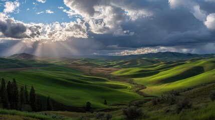 Obraz premium Warm sun rays casting through clouds over a fresh green countryside
