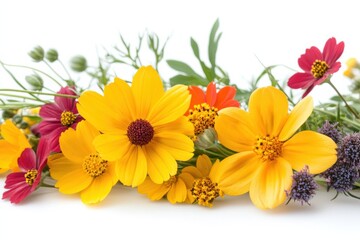 Obraz premium Radiant Wildflower Medley Yellow and Red Blossoms Bursting with Summer Sunshine on white background. Generative AI