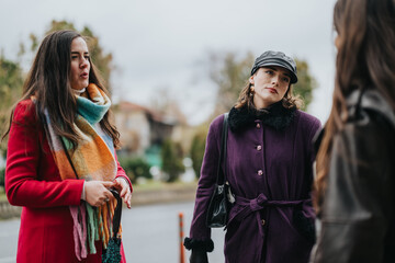 Three fashionable women having a discussion outdoors in an urban park setting on a cloudy day,...
