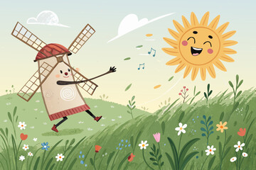Breathtaking Cute Windmill Character Dancing with Sun Vibra Visual Excellence Standard Bright Cheerful Mood Great for Digital Marketing Campaigns Brand Marketing Visual Excellence Creative Asset