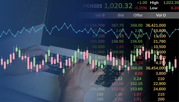 Stock market concept showing hands on laptop with layered candlestick graph, line chart, and price ticker. Ideal for trading strategy, finance news, digital investment, and economic trend visuals.