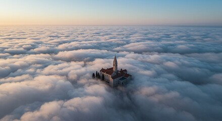Secluded Church Building Surrounded by Thick White Clouds During Sunrise