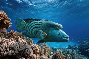Fototapeta premium A large Napoleon wrasse with its distinctive bulbous forehead and vibrant blue-green coloration