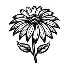 Stylized black and white line art drawing of a daisy flower with leaves
