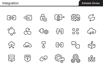 Editable vector line icons for Integration concepts. Fully customizable vector strokes included