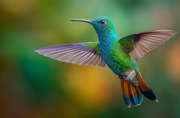 Obraz premium Photo of a hummingbird in flight, with its iridescent violet feathers and long beak