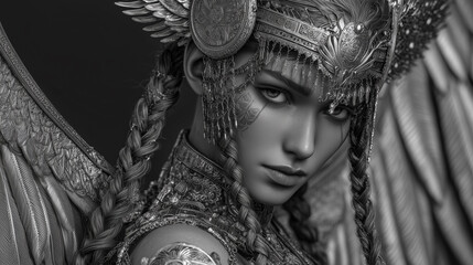 A woman with intricate braids, adorned with a detailed headpiece and feathered wings, gazes intensely. Her armor and accessories suggest a warrior or mythical figure.