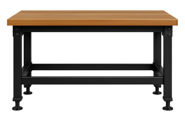 Wooden top workbench with black metal frame isolated on transparent background